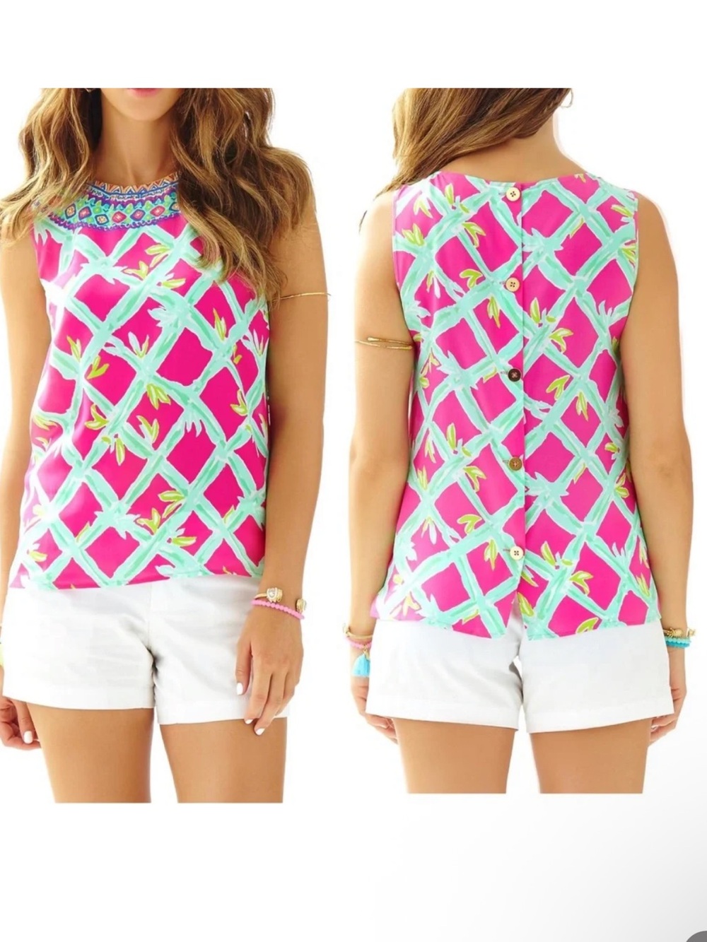 Lilly Pulitzer Pink Mint Green Bamboo Print Silk Sleeveless Top S